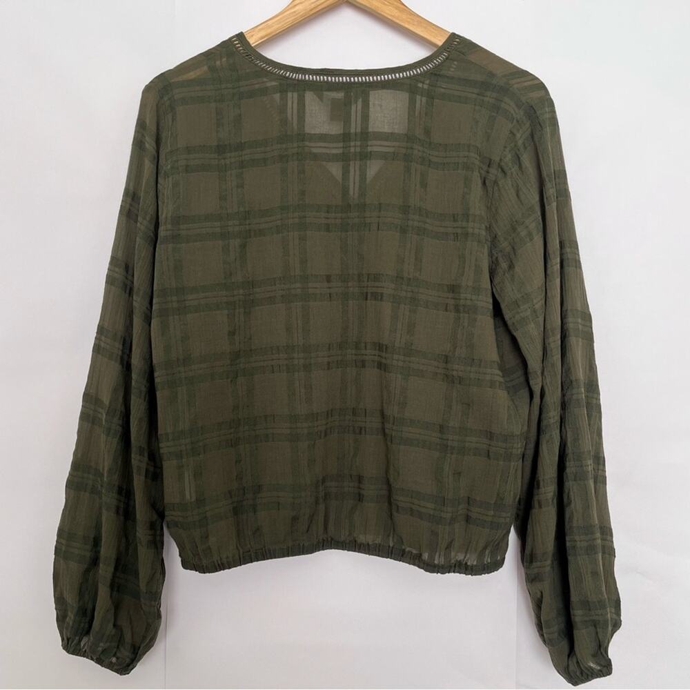 Express V-Neck Blouse Sheer Long Sleeve Relaxed Fit Officewear Size Medium Olive - Picture 6 of 15